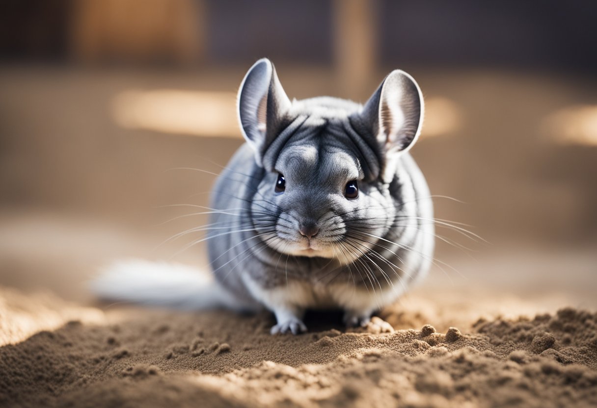 A chinchilla receiving a dust bath in a dry, spacious enclosure with a soft brush for grooming