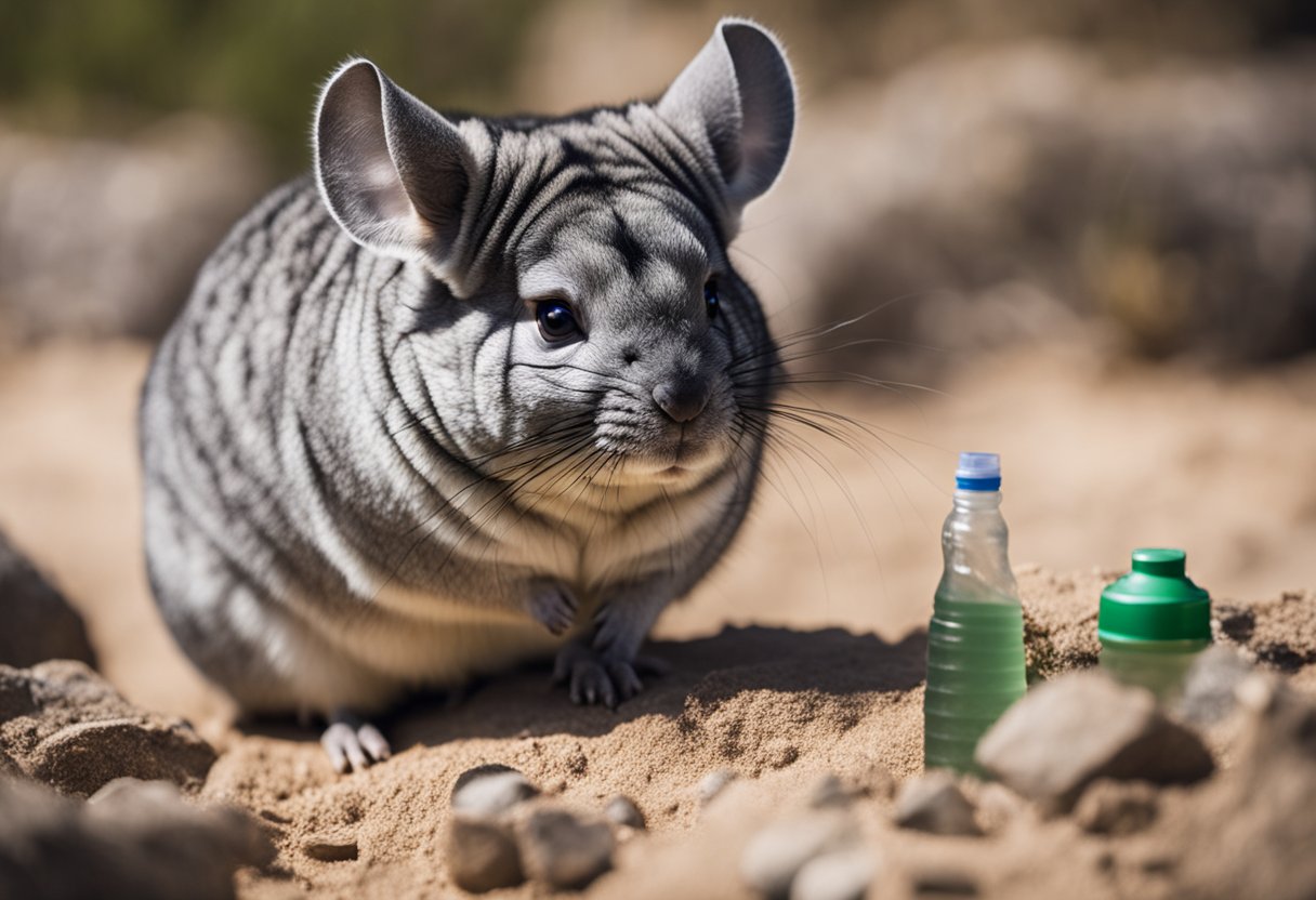 A chinchilla avoiding water, sitting in a dry habitat with dust bath and water bottle nearby