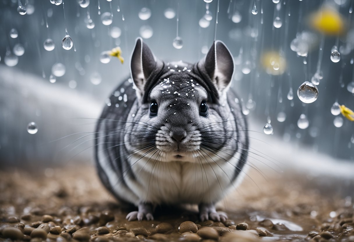 A chinchilla shaking off water droplets, surrounded by a warning sign with a crossed-out water droplet symbol