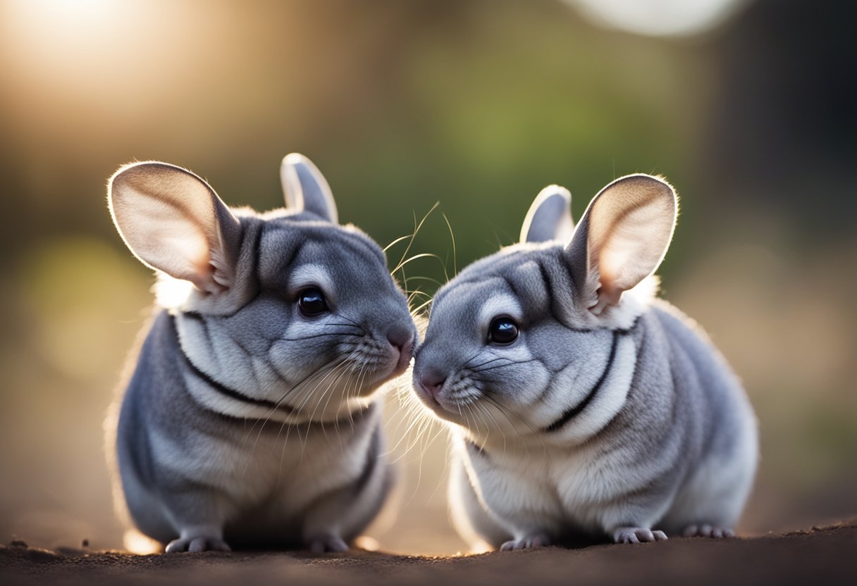 Two chinchillas facing each other, ears flattened and teeth bared, in a defensive stance