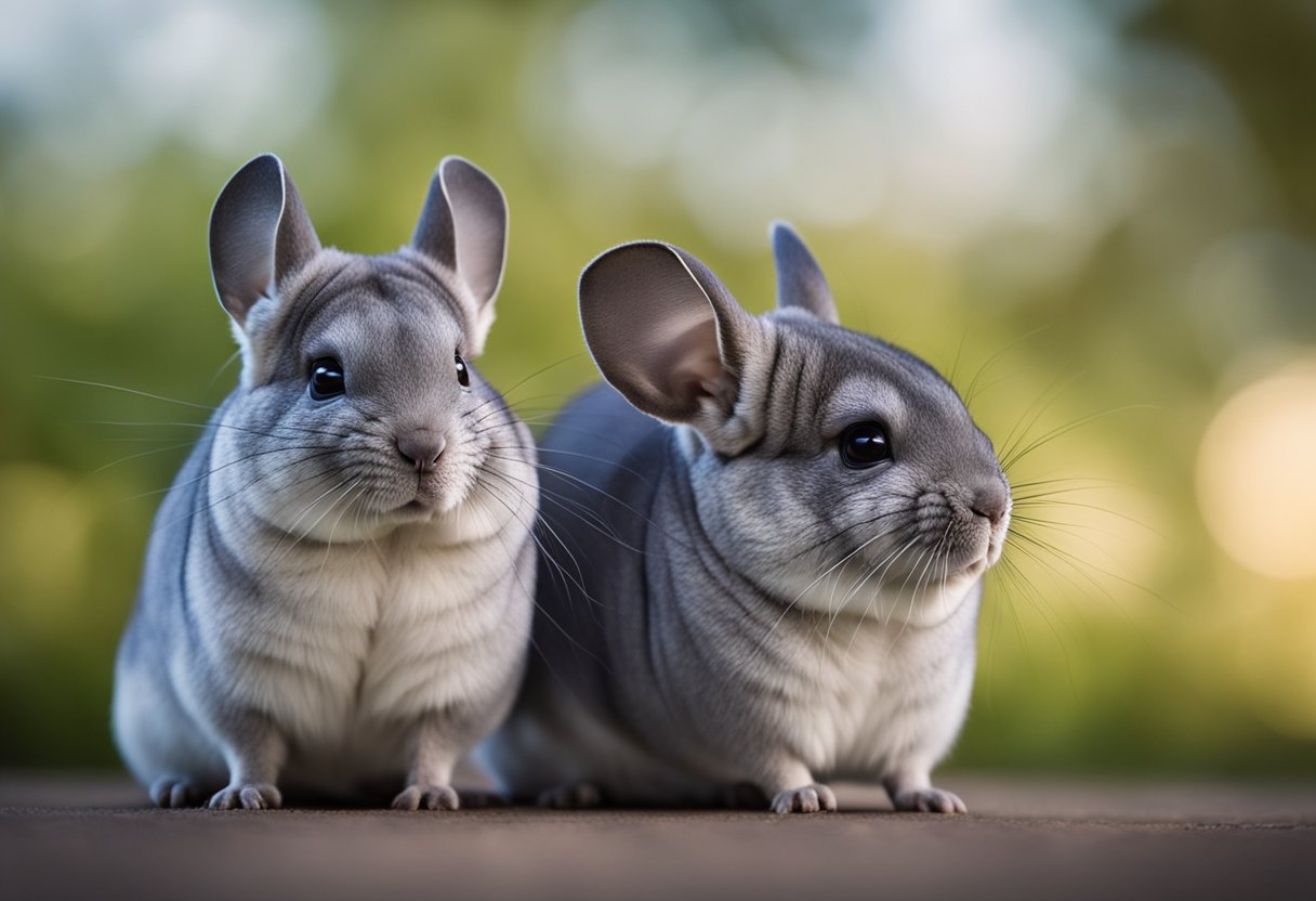 Two chinchillas facing each other, ears perked, one slightly crouched. No signs of aggression, but alert body language