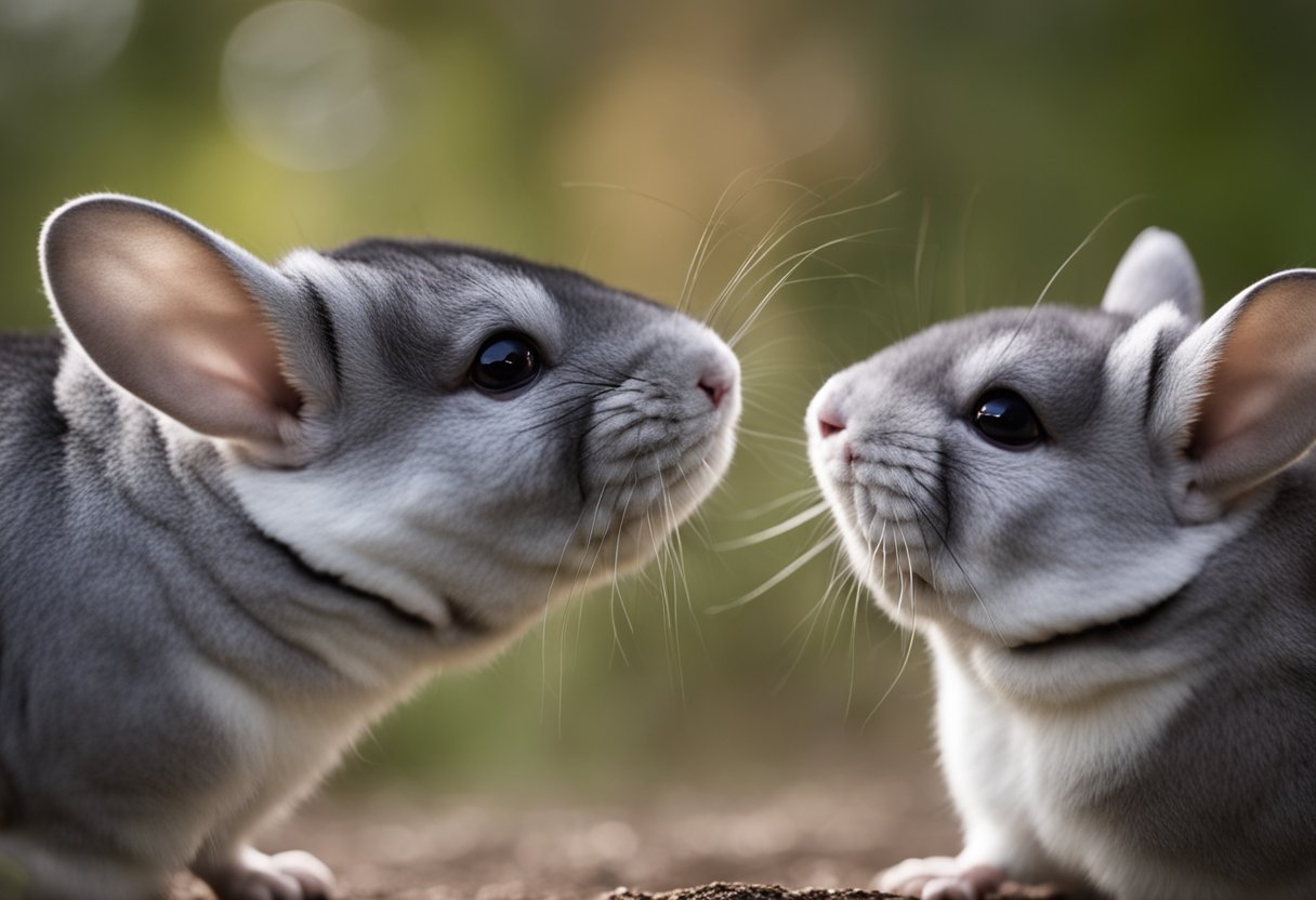 Two chinchillas face off, one baring its teeth and raising its fur. The other cowers, ears flattened, trying to avoid a confrontation