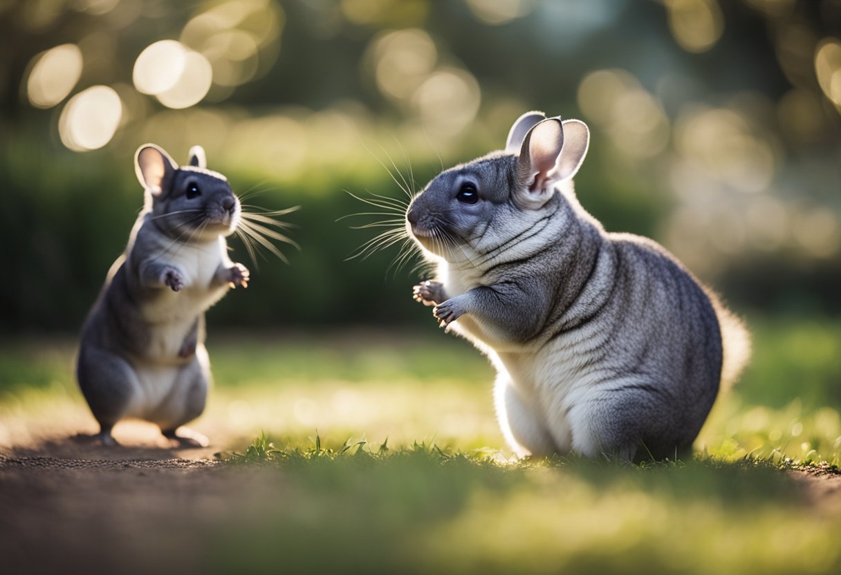 A chinchilla with raised fur stands defensively, teeth bared, as another chinchilla approaches with caution