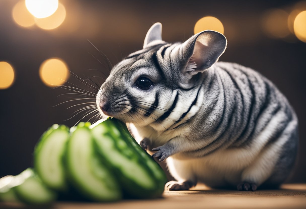 A chinchilla nibbles on a cucumber slice in its cage