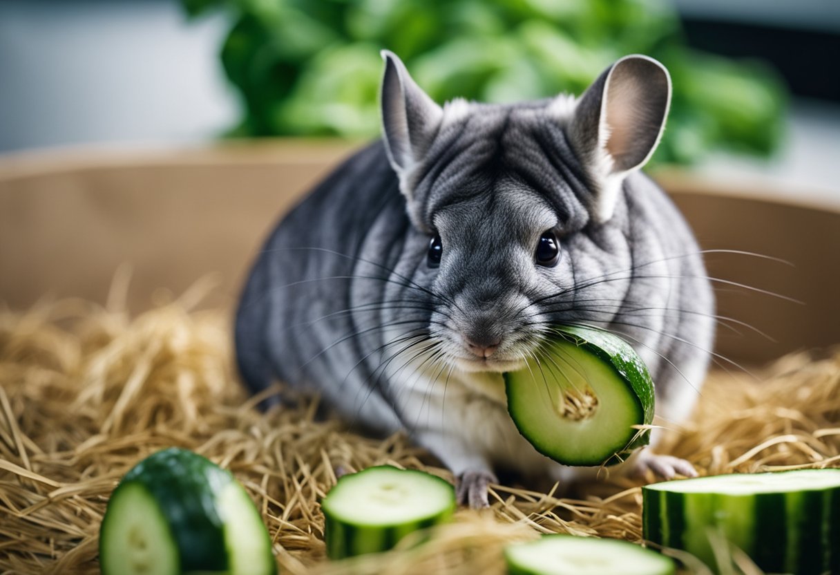 A chinchilla nibbles on a fresh cucumber, surrounded by hay and pellets in its cage