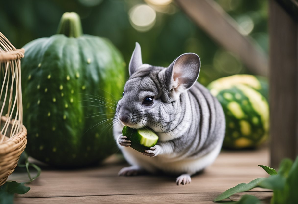 A chinchilla sniffs a cucumber while sitting in its cage