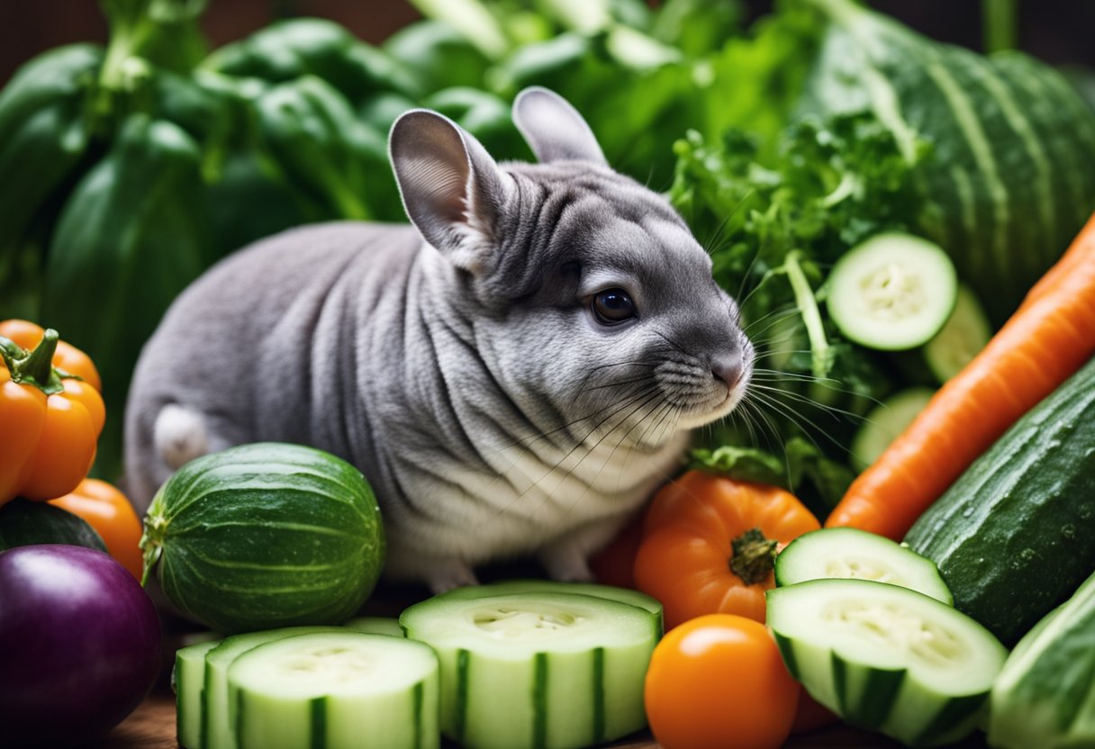 A chinchilla eagerly nibbles on a fresh cucumber, surrounded by curious onlookers and a pile of colorful vegetables