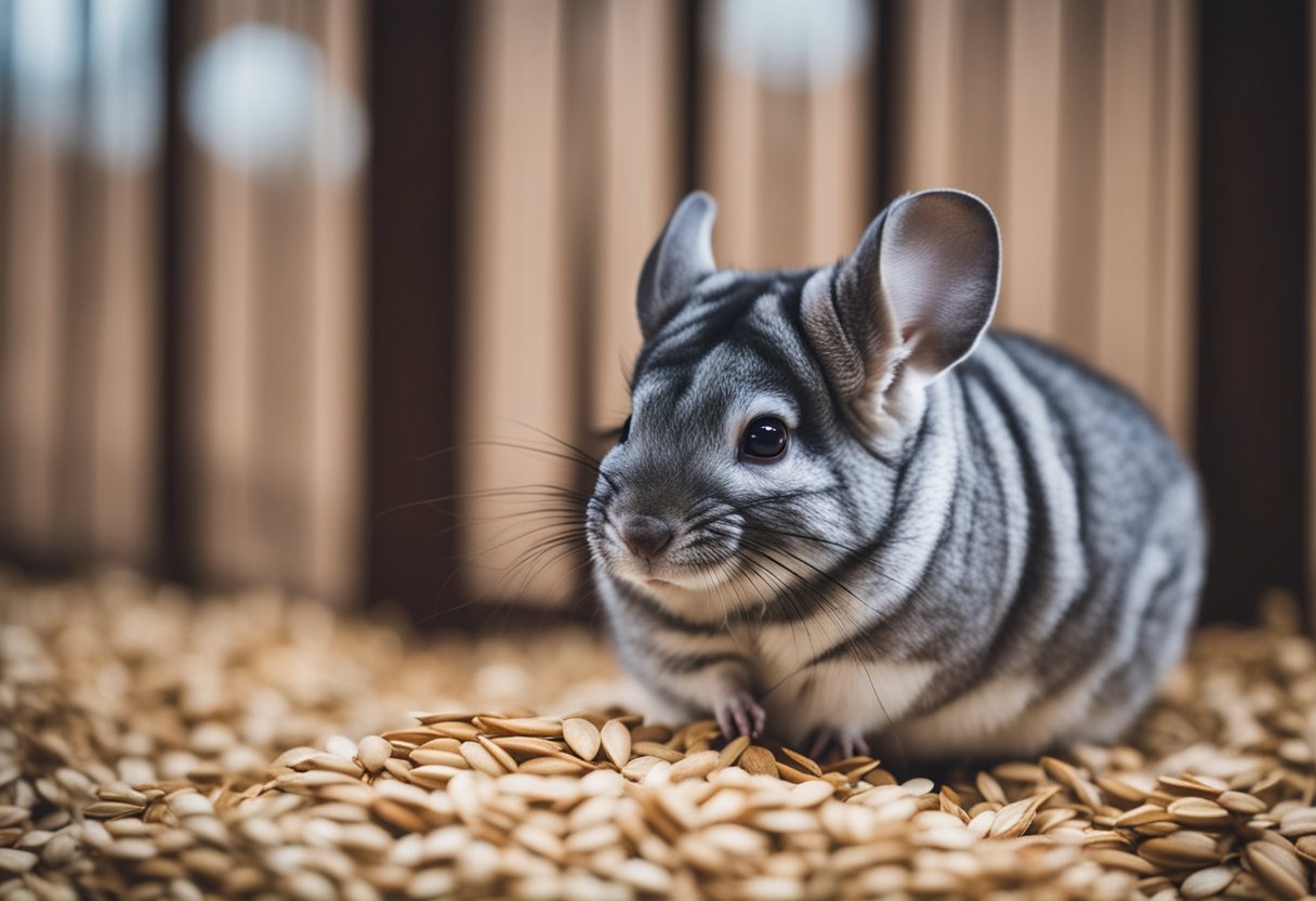 A chinchilla nibbles on a pile of oats in a cozy, cage-free environment