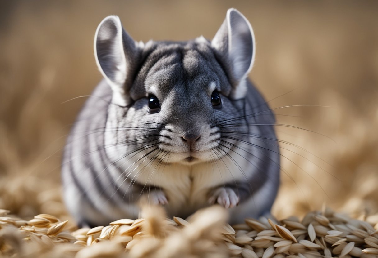 A chinchilla surrounded by oats, happily nibbling on the nutritious grains