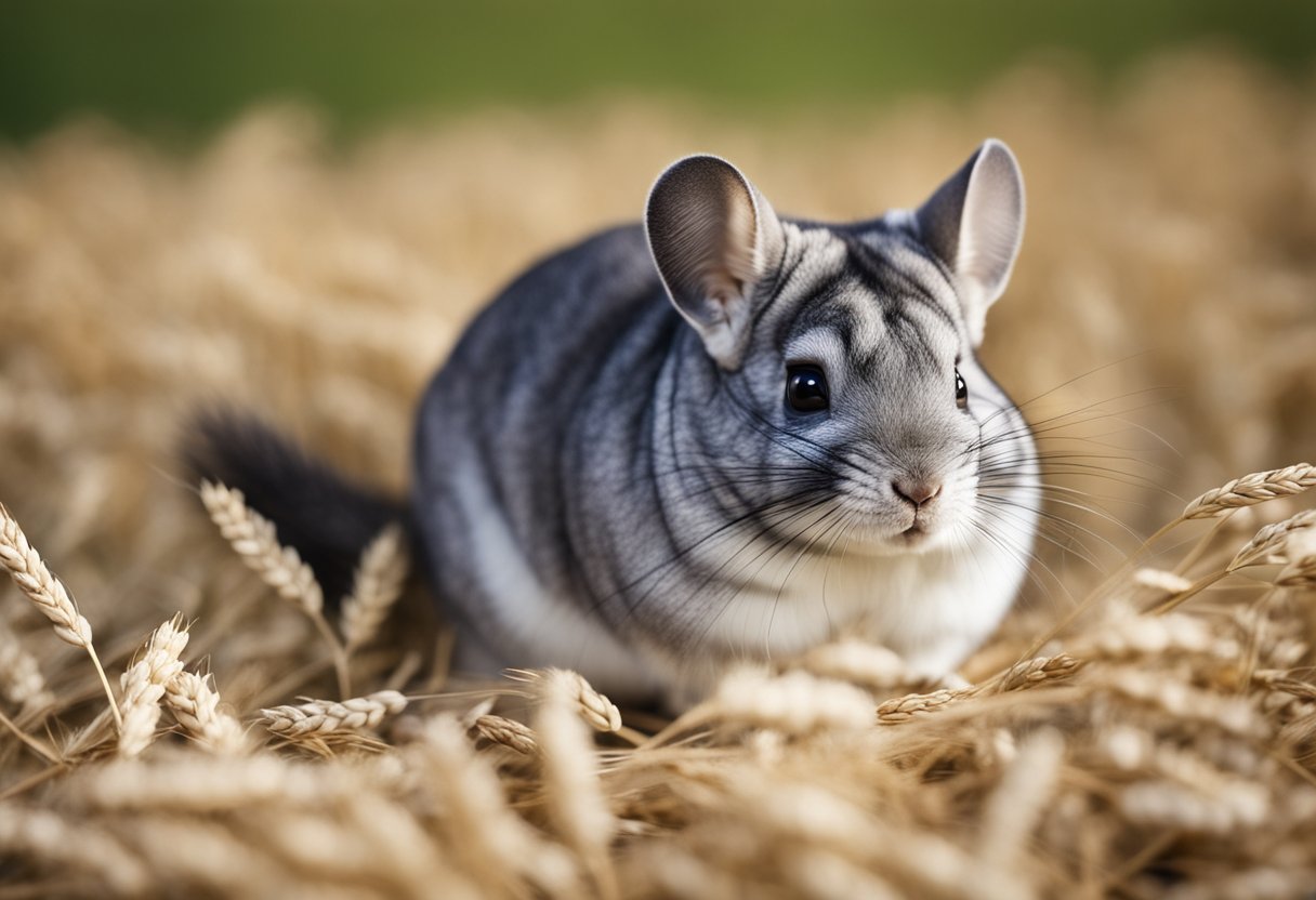 A chinchilla surrounded by a variety of oats, including rolled oats, steel-cut oats, and oat hay, with a curious expression on its face