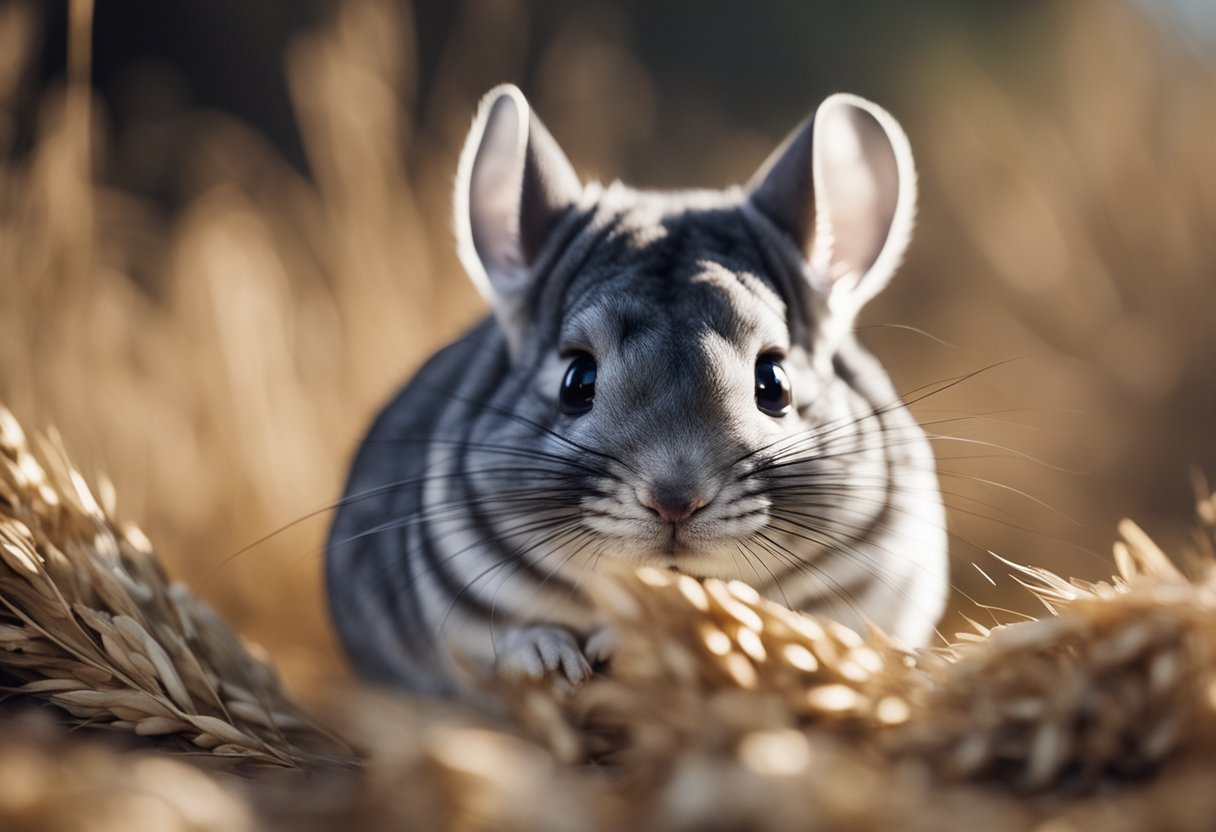 A chinchilla eagerly nibbles on a pile of oats, while a curious expression is captured in its large, round eyes