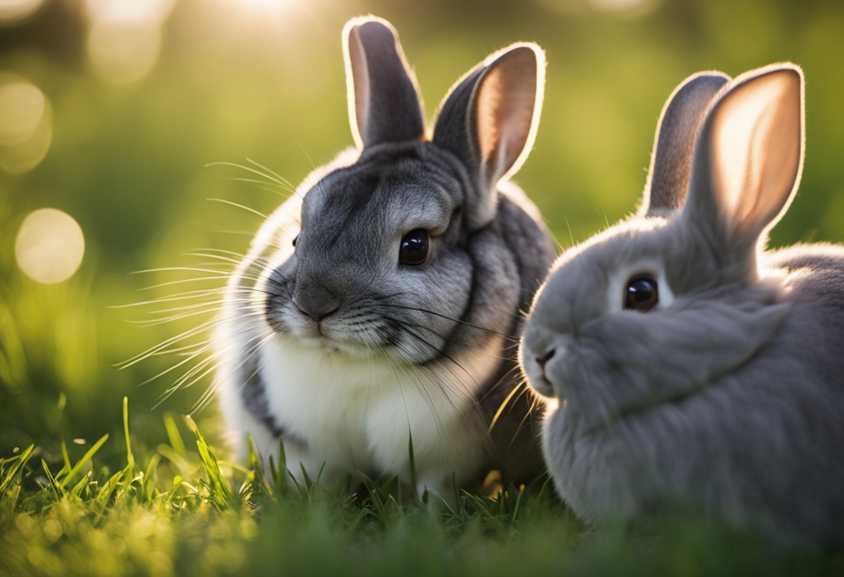 A chinchilla and a rabbit playfully sniff each other's noses in a grassy meadow under the warm sun