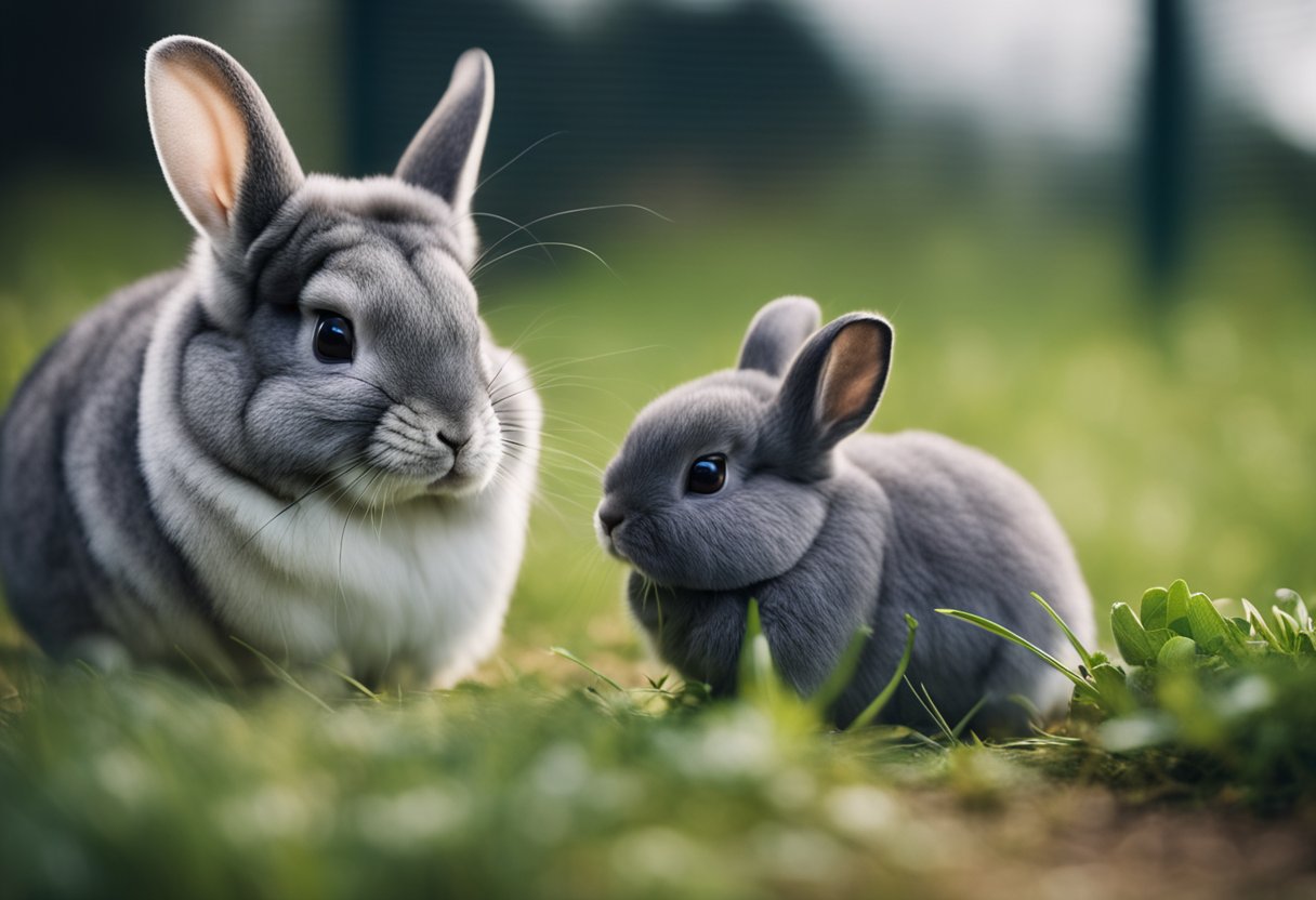 A chinchilla and a rabbit sitting peacefully next to each other in a cozy, grassy enclosure