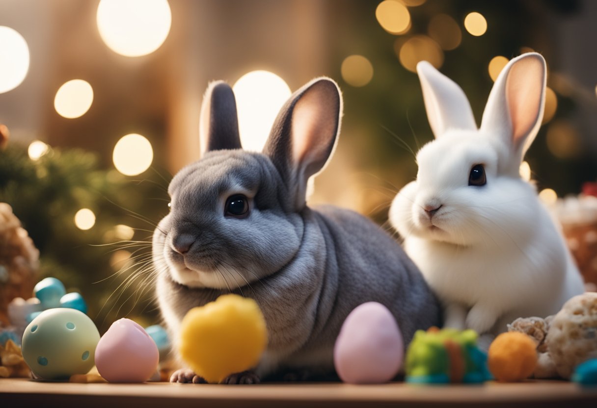 A chinchilla and a rabbit sitting peacefully together in a cozy, well-lit room, surrounded by toys and treats