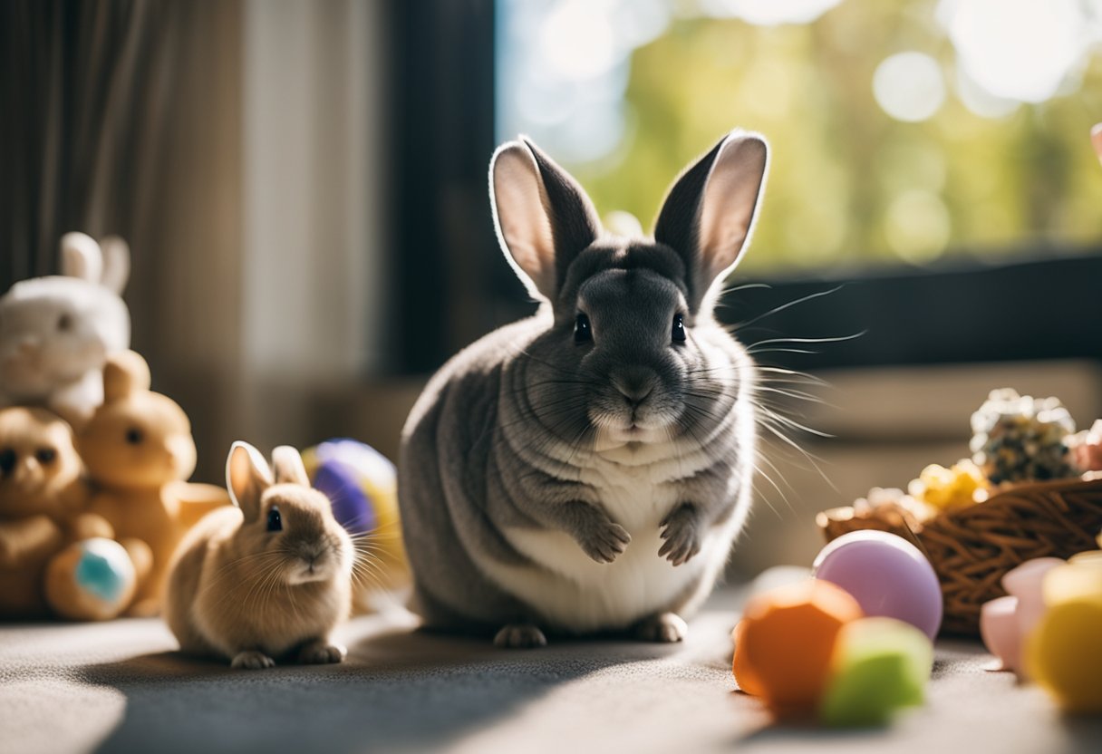 A chinchilla and a rabbit sitting peacefully together in a cozy, sunlit room, surrounded by toys and treats