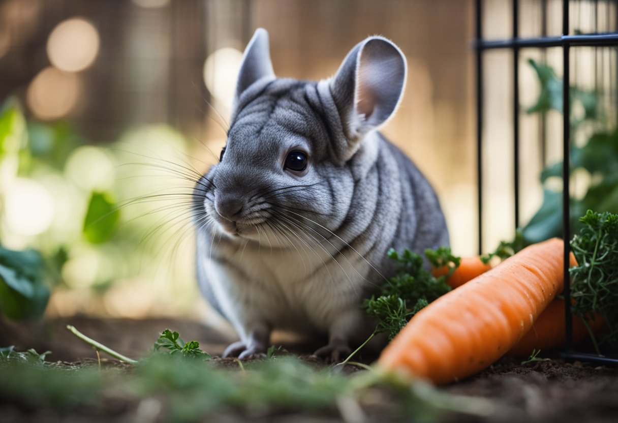 A chinchilla nibbles on a carrot in its cage