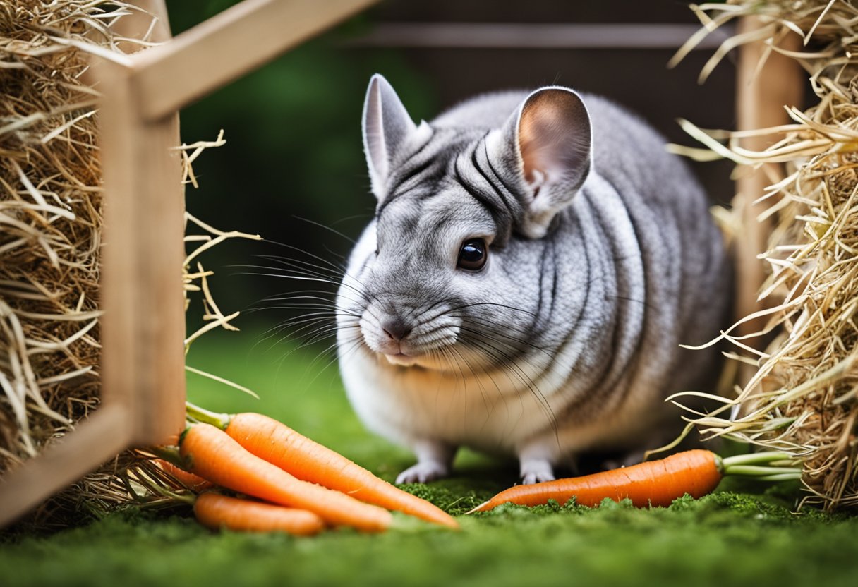 A chinchilla nibbles on a pile of fresh carrots and hay in its cage