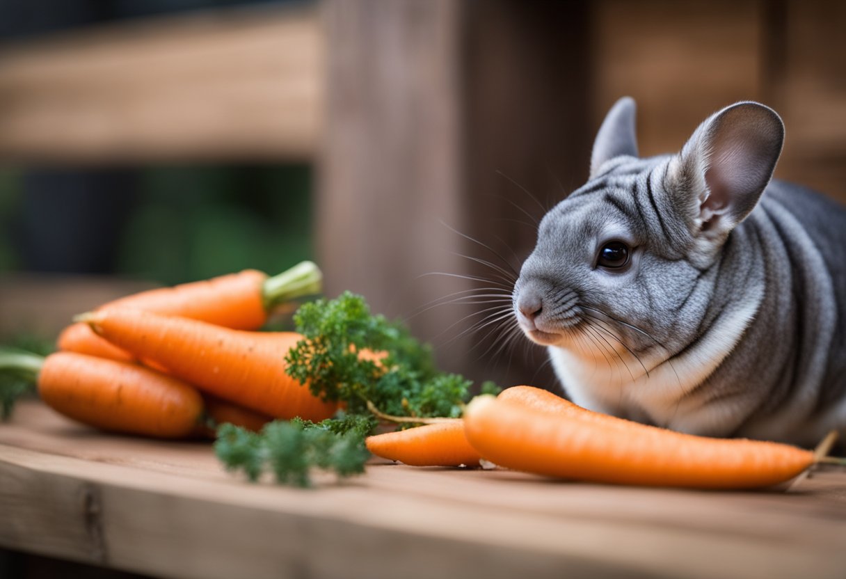 A chinchilla nibbles on a carrot in a cozy, wood-shaving-filled enclosure. Another chinchilla peers curiously from a nearby perch