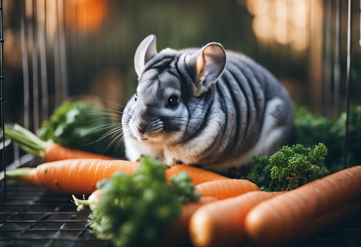 A chinchilla nibbles on a fresh carrot in its cozy cage