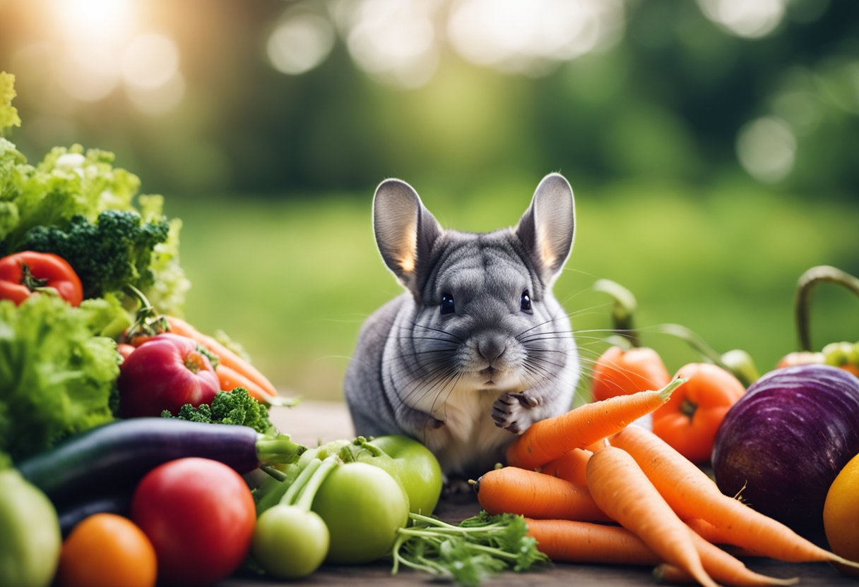 A chinchilla nibbles on a carrot, surrounded by a pile of colorful fruits and vegetables