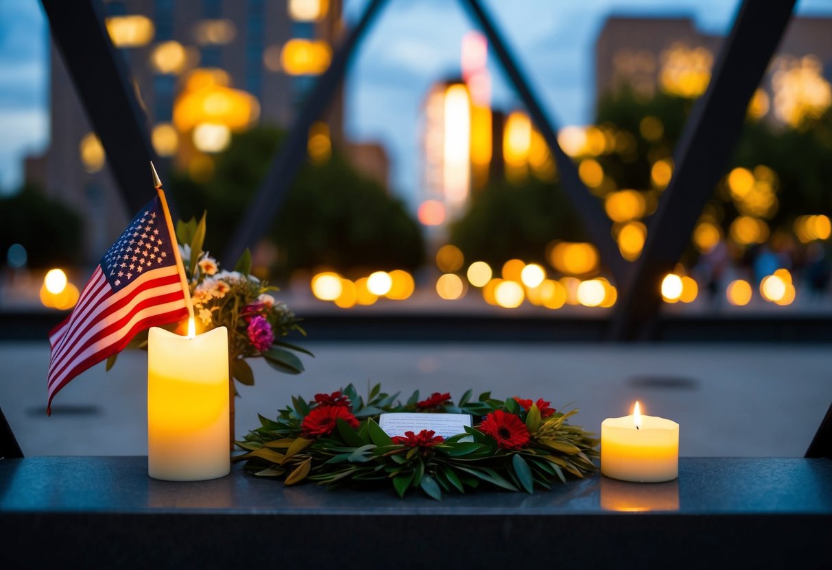 A candlelit memorial with American flag, flowers, and a wreath at the base of a steel beam