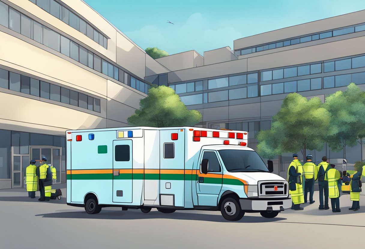 Uma ambulância estacionada do lado de fora de um hospital, com suas luzes piscando e os paramédicos se preparando para transportar um paciente.