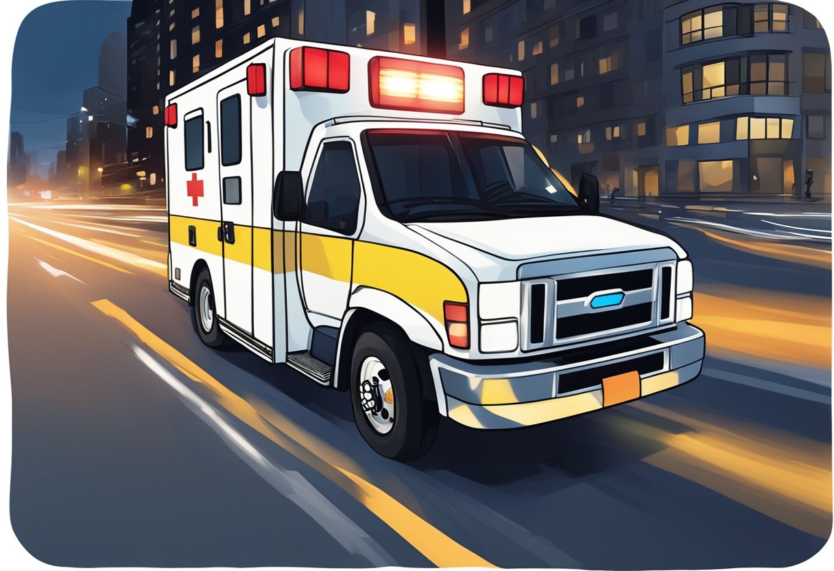 Uma ambulância acelerando pelas ruas da cidade à noite, suas luzes piscando e a sirene tocando, apressando-se para responder a uma emergência