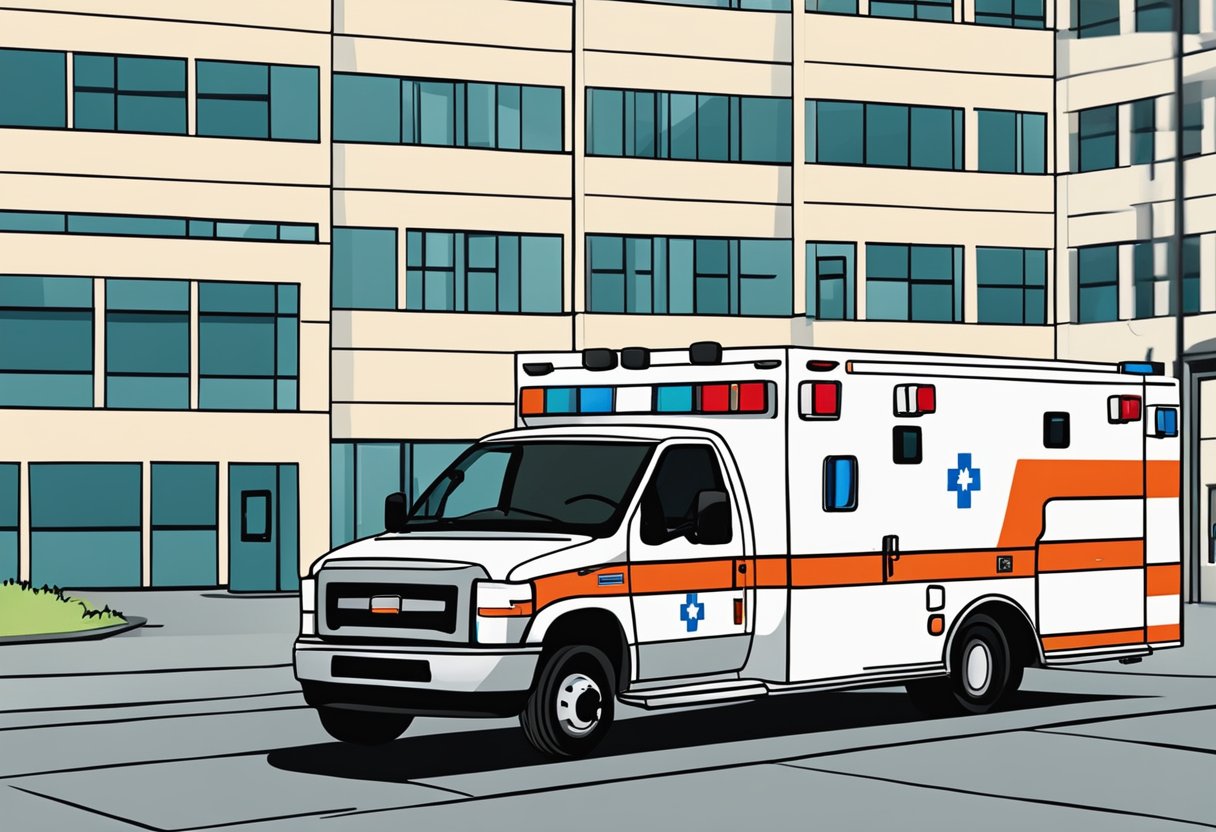 Uma ambulância estacionada do lado de fora de um hospital, com suas luzes piscando e paramédicos de prontidão.