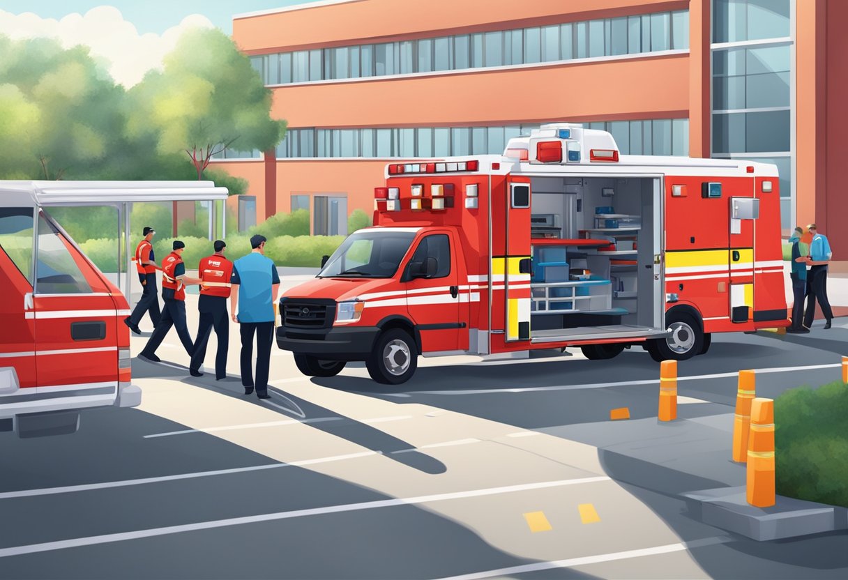 Uma ambulância vermelha brilhante estacionou do lado de fora de um hospital, com paramédicos descarregando equipamentos médicos da parte de trás.