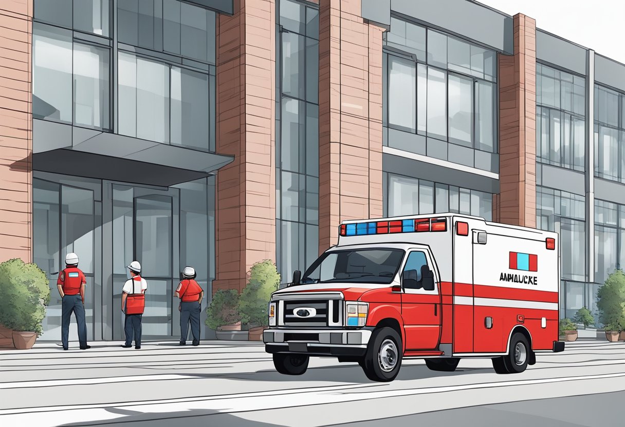 Uma ambulância vermelha brilhante estacionou do lado de fora de um hospital, com luzes piscando e um paramédico parado perto, pronto para ajudar.