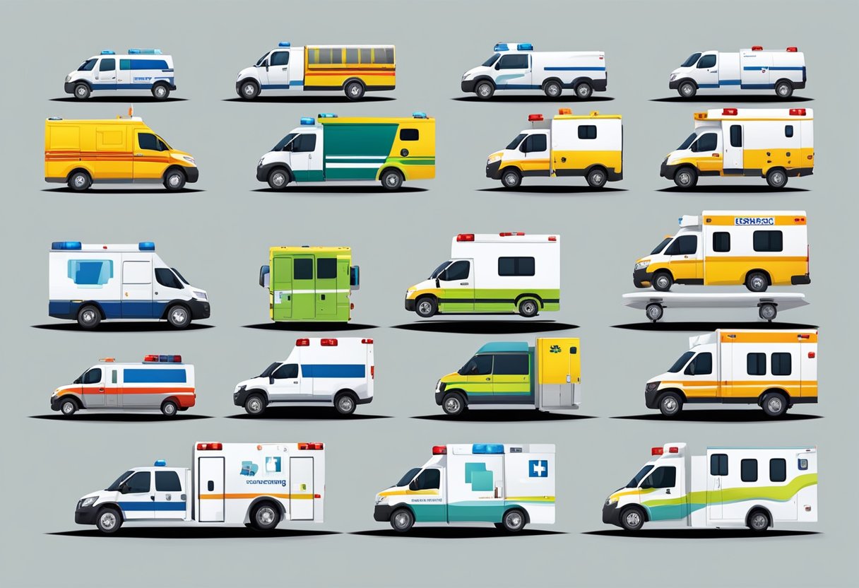 Ambulância Valor: Fatores Que Influenciam o Custo 1 Uma frota de diferentes tipos de ambulâncias estacionadas em uma fila, cada uma com características e designs únicos, representando a variedade de serviços de ambulância disponíveis.