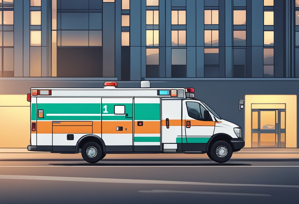 Ambulância Valor: Fatores Que Influenciam o Custo 4 Uma ambulância particular estacionada do lado de fora de um hospital, com suas luzes piscando e o motorista parado perto, pronto para a ação.