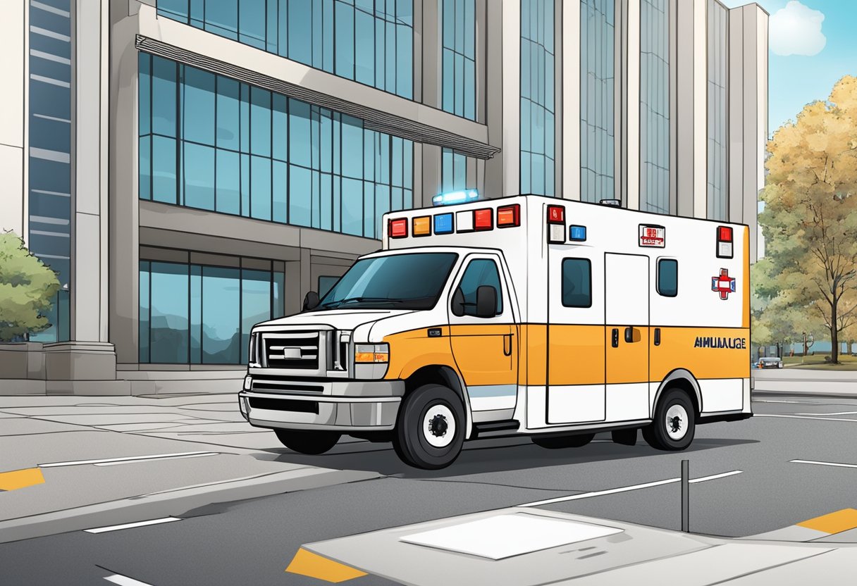 Ambulância Valor: Fatores Que Influenciam o Custo 5 Uma ambulância estacionada em frente a um prédio do governo, cercada por documentos oficiais e sinais regulatórios