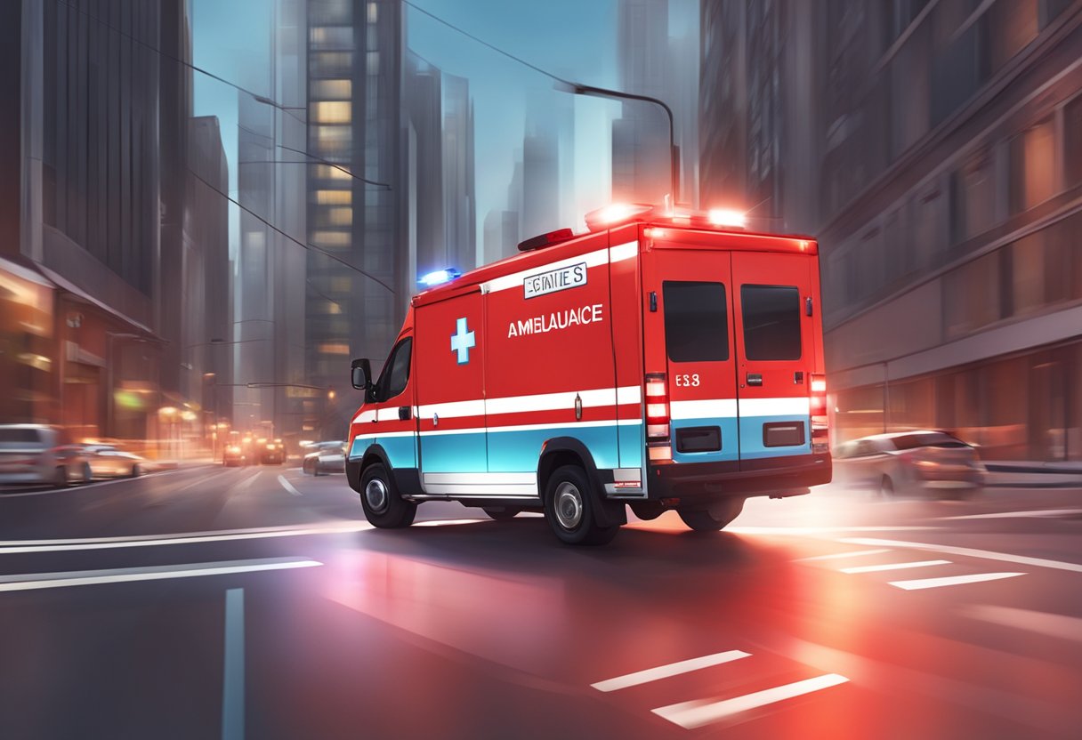 Ambulância Valor: Fatores Que Influenciam o Custo 7 Uma ambulância vermelha brilhante acelerando por uma rua da cidade, com suas luzes piscando e a sirene tocando, enquanto se apressa para uma emergência médica.