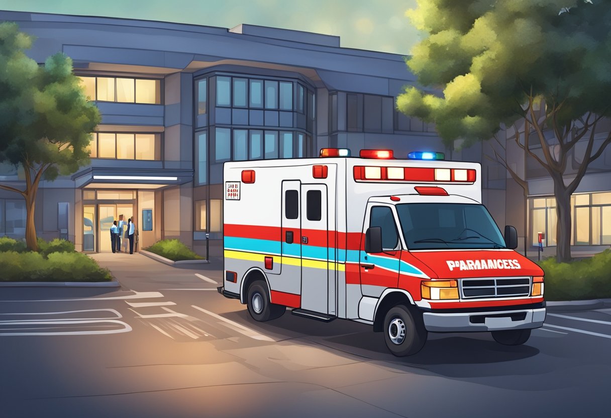 Ambulância Valor: Fatores Que Influenciam o Custo 8 Uma ambulância estacionada do lado de fora de um hospital, com suas luzes piscando e os paramédicos correndo para carregar uma maca no veículo.