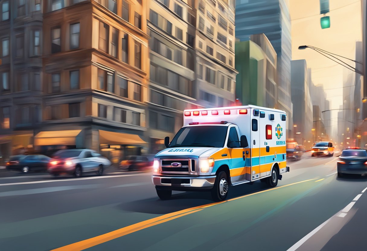 Uma ambulância com luzes intermitentes e sirenes correndo por uma rua movimentada da cidade