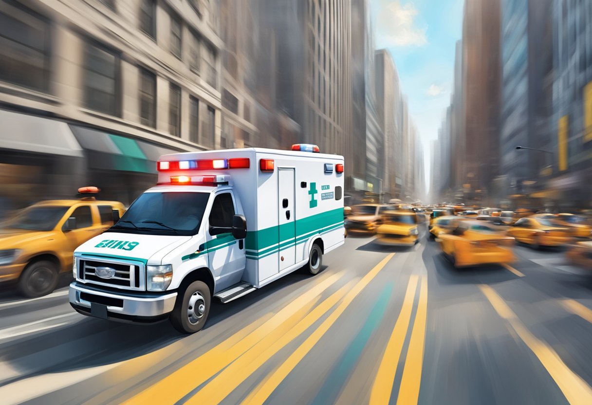 Uma sirene de ambulância soa enquanto ela acelera por uma rua movimentada da cidade, desviando do tráfego para chegar ao seu destino.
