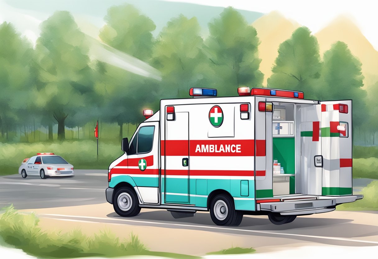 Uma ambulância com luzes piscantes e um kit de primeiros socorros sendo usado