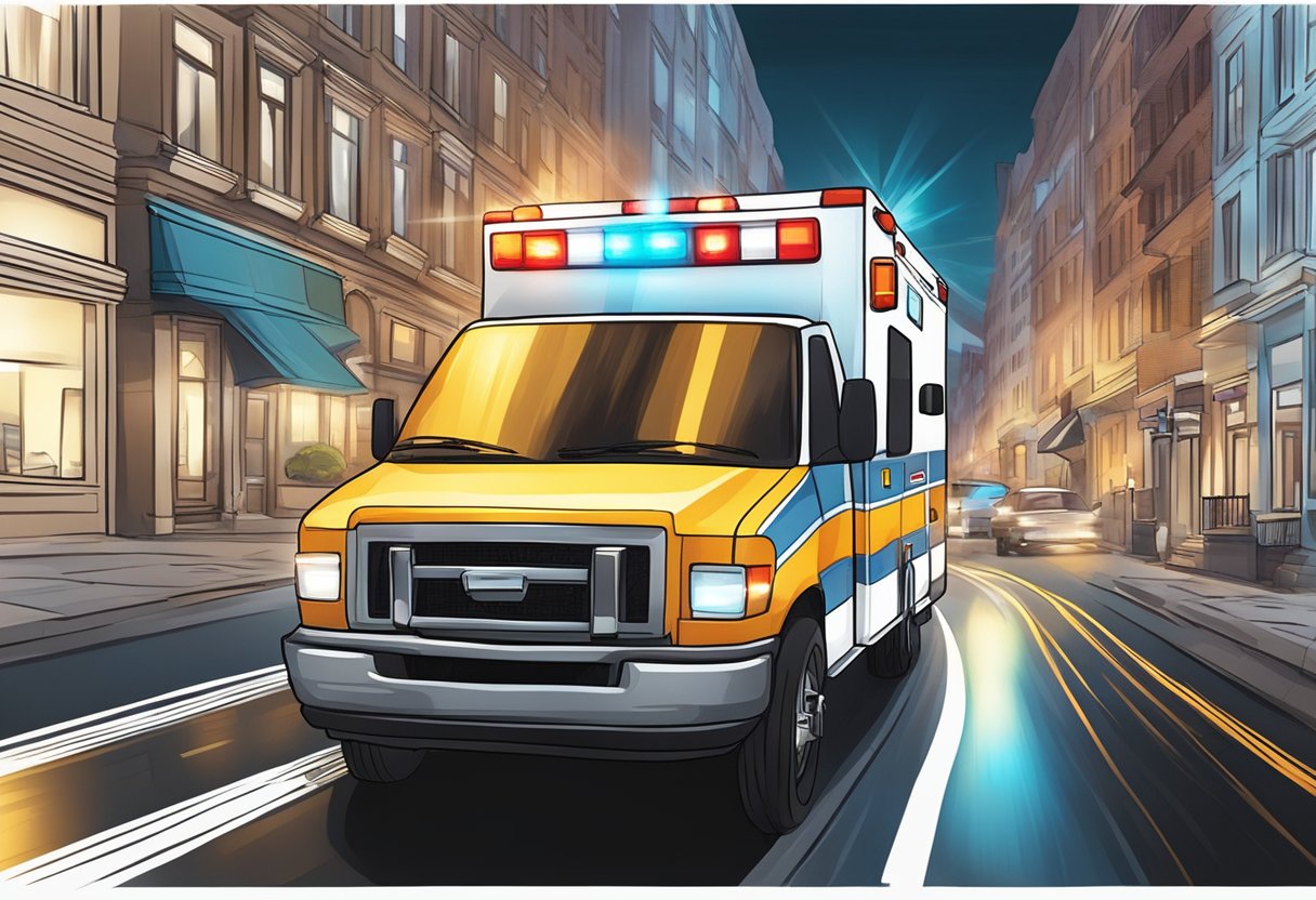 Uma ambulância acelerando pelas ruas da cidade com luzes piscando e sirene tocando