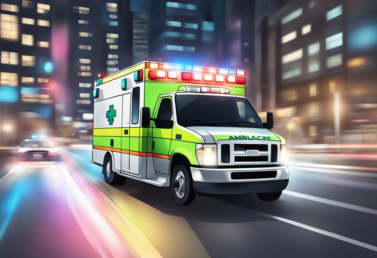 Uma ambulância com luzes piscando e sirenes acelerando pelas ruas da cidade
