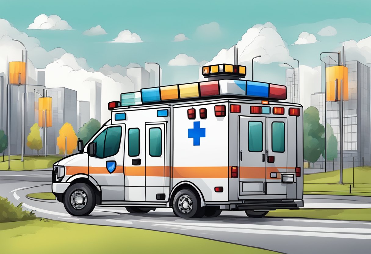 Uma ambulância com luzes piscando e sirenes ligadas, cercada por agências e entidades de apoio.