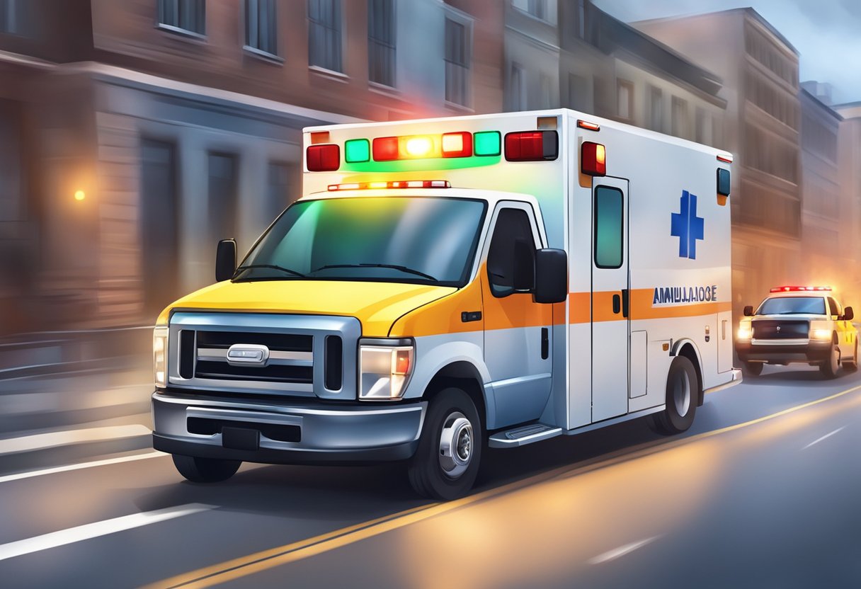 Uma ambulância correndo para o local de uma emergência, com luzes piscando e sirenes soando