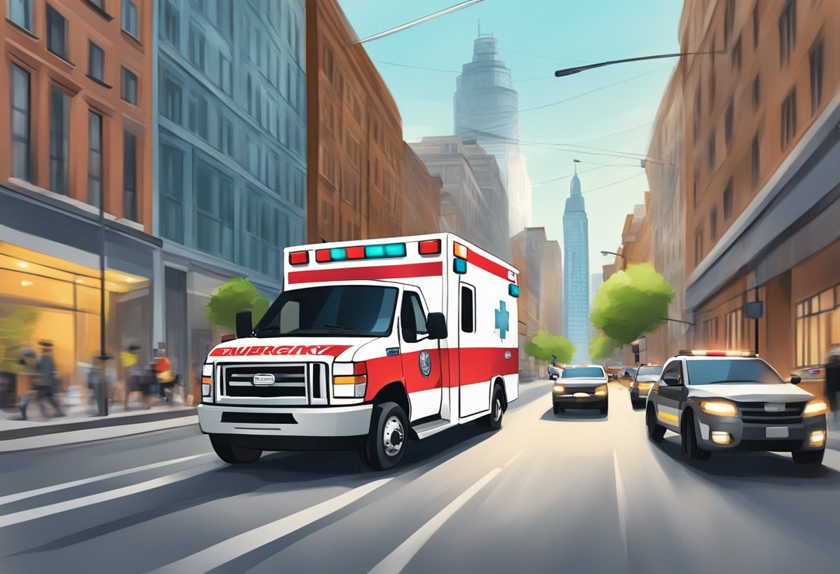 Uma ambulância acelerando por uma rua da cidade com sirenes acionadas, a caminho de uma emergência de saúde pública