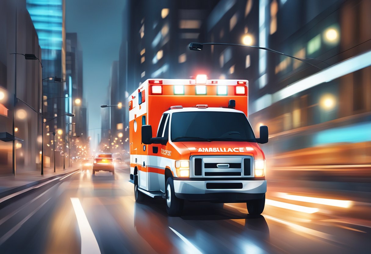 Uma ambulância acelerando pelas ruas da cidade com luzes piscando e sirenes soando