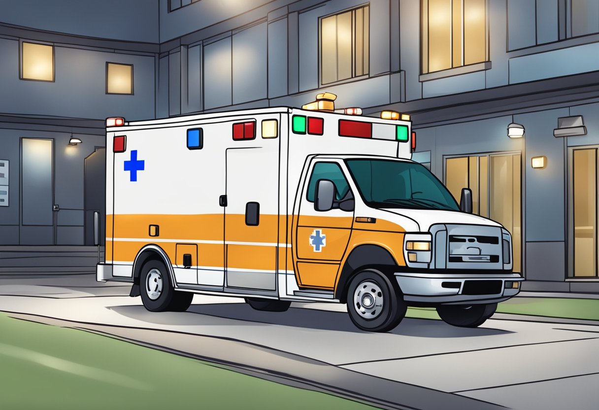 Uma ambulância estacionada do lado de fora de uma unidade médica com suas luzes piscando, pronta para uso imediato.