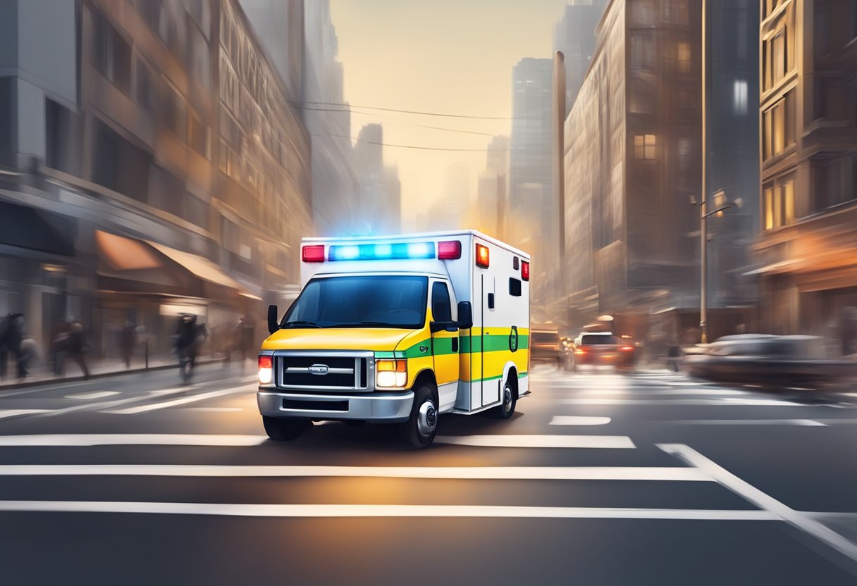 Uma ambulância correndo por uma rua movimentada da cidade, suas luzes piscando e sirenes soando enquanto responde a um chamado de emergência.