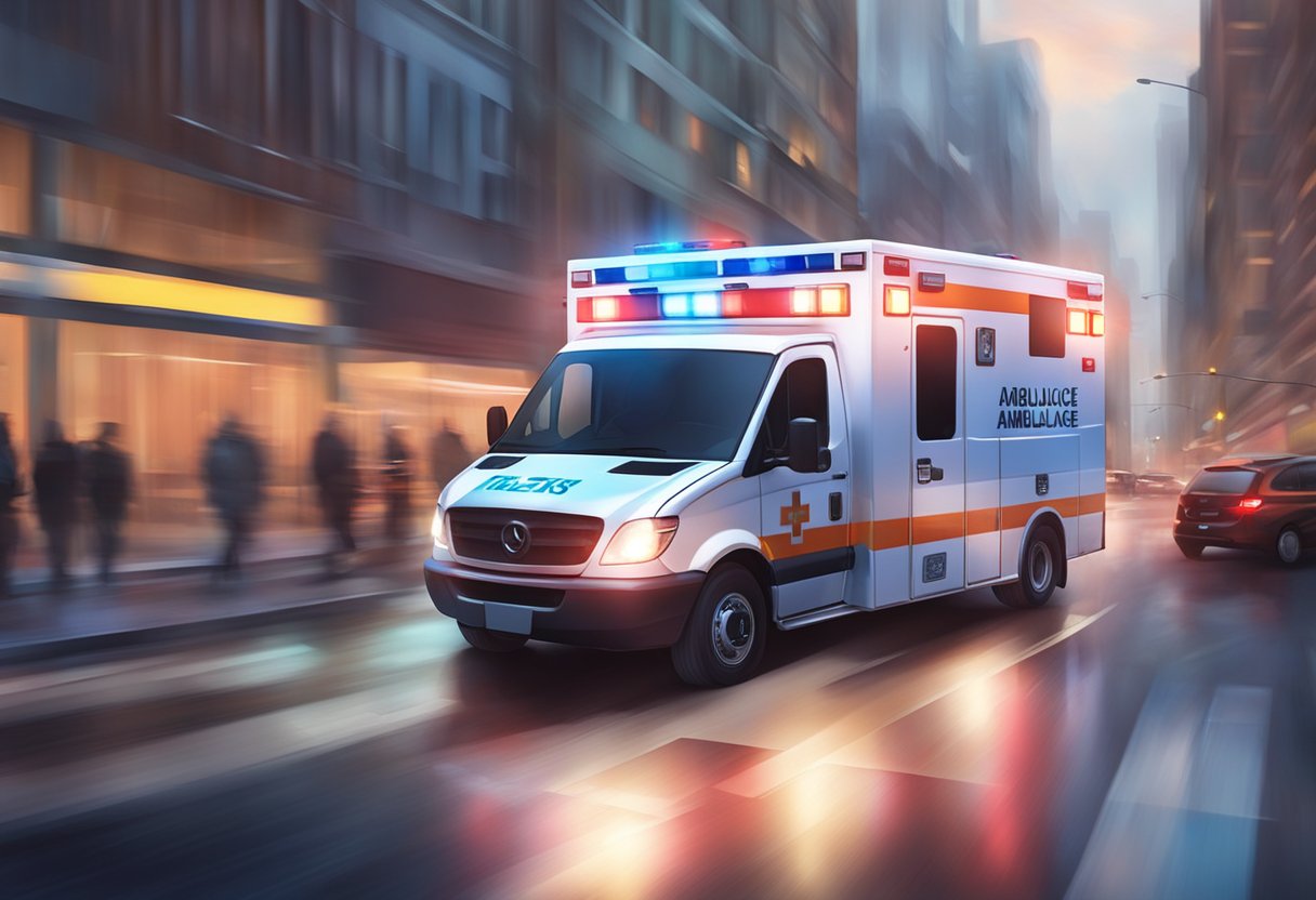 Uma ambulância acelerando pelas ruas da cidade com luzes piscando e sirenes estrondosas