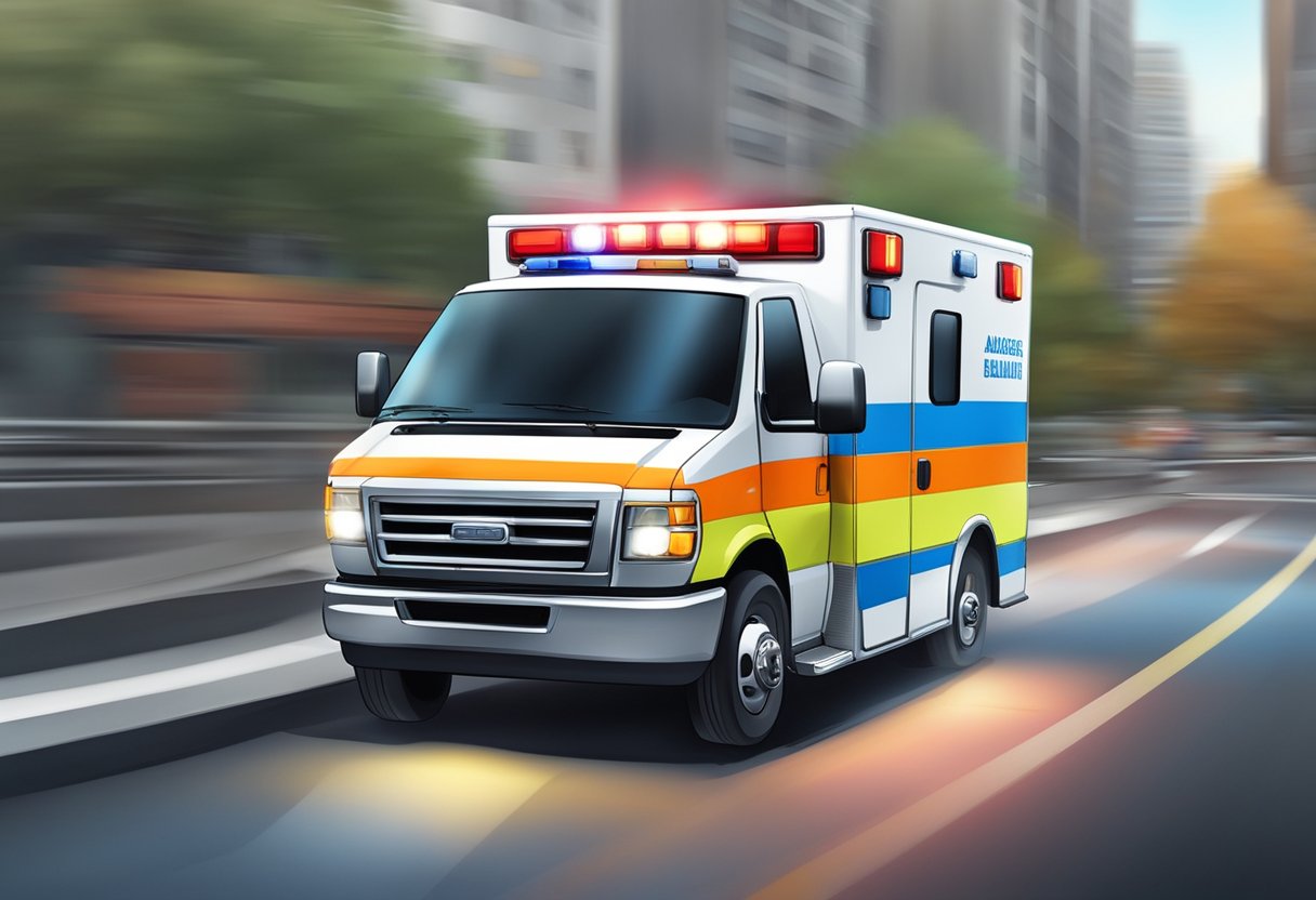 Uma ambulância correndo para uma cena, com suas luzes piscando e sirene soando