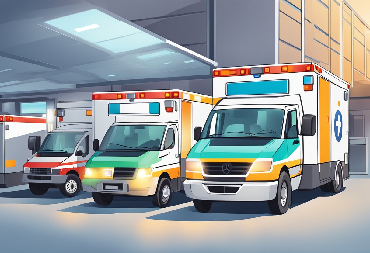 Uma variedade de ambulâncias especializadas, incluindo uma unidade neonatal, unidade de trauma e unidade cardíaca, estão estacionadas do lado de fora de um hospital, com suas luzes piscando.
