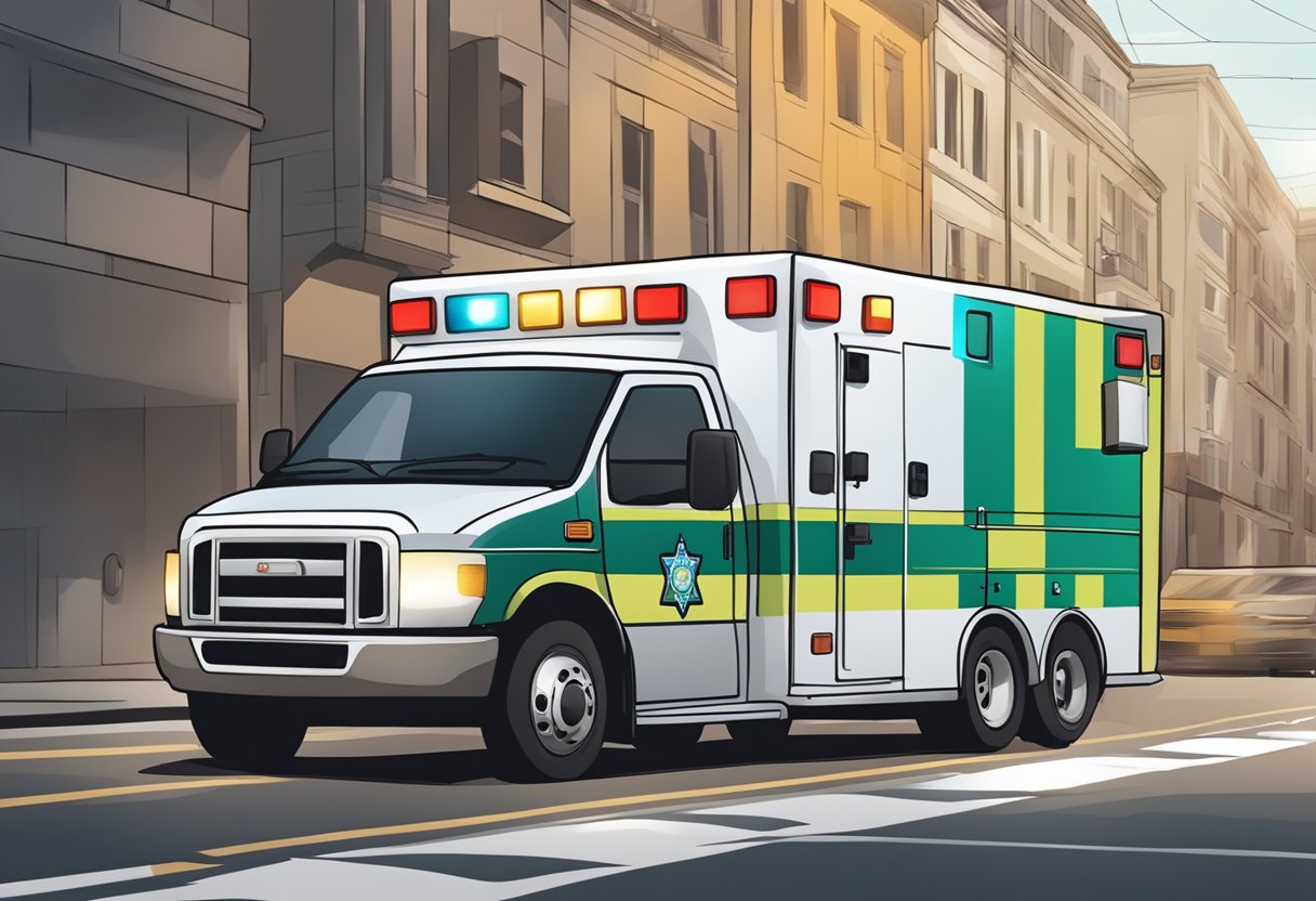 Uma ambulância correndo por diferentes locais com sua sirene tocando